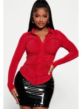 Slinky Long-Sleeve Button-Up Top